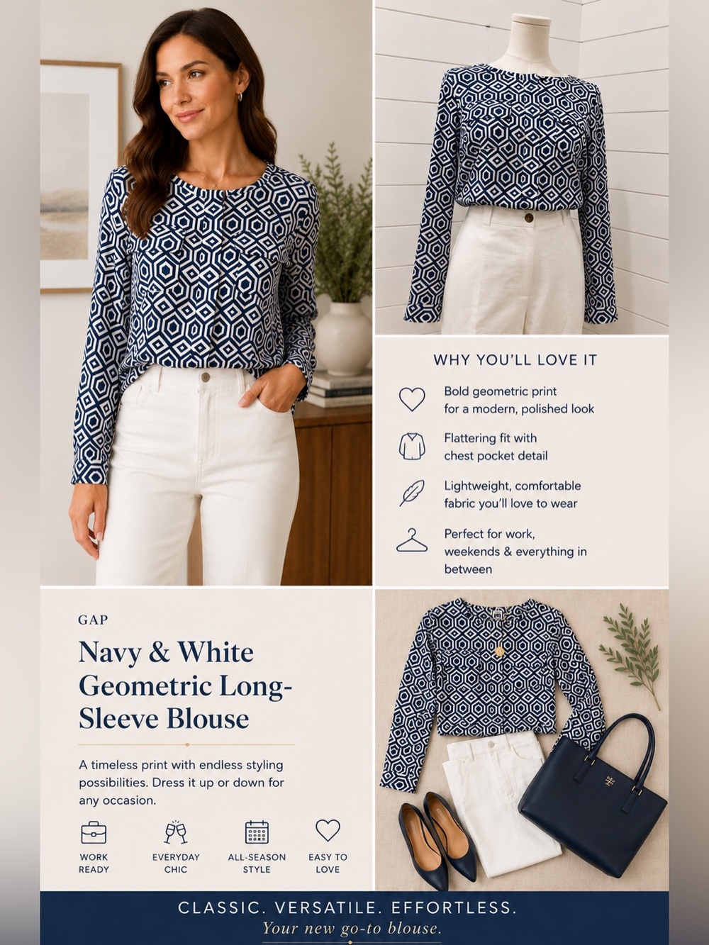 GAP Black & White Geometric Long-Sleeve Blouse